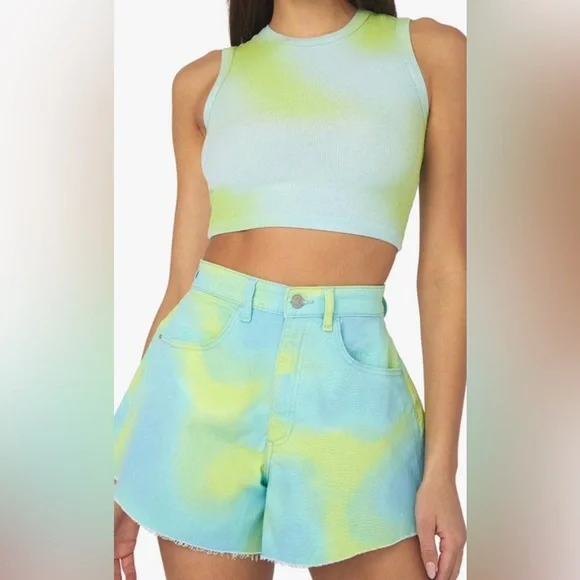 NEW WeWoreWhat Flare Bell High Waisted Tie Dye Shorts in Blue & Green Sz 27 NWT - Picture 7 of 9
